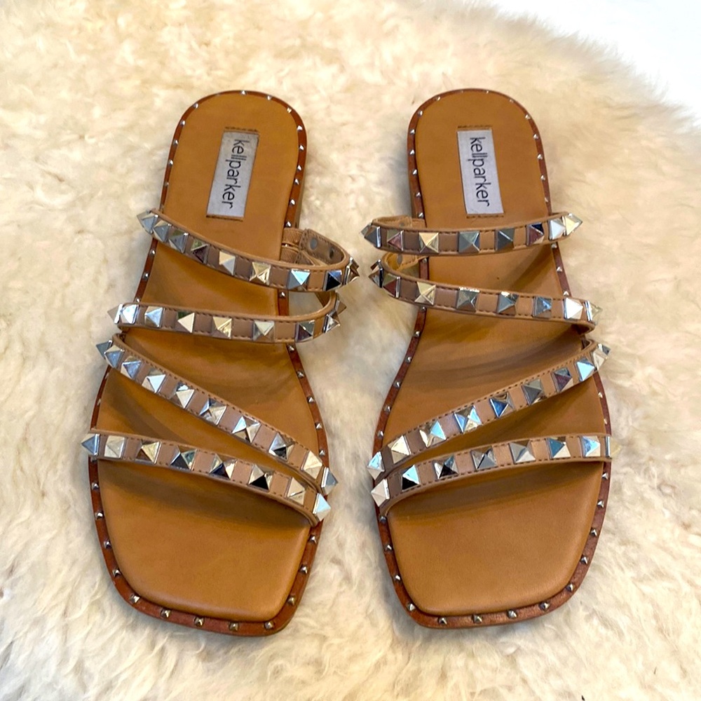 Tan studded slip on sandals